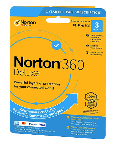 Norton 360 Deluxe | 3 Devices | 1 Year | 25 Gb Cloud Storage | EU