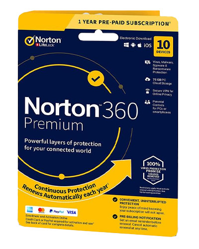 Norton 360 Premium | 10 Devices | 1 Year | 75 Gb Cloud Storage | EU | NON SUB |